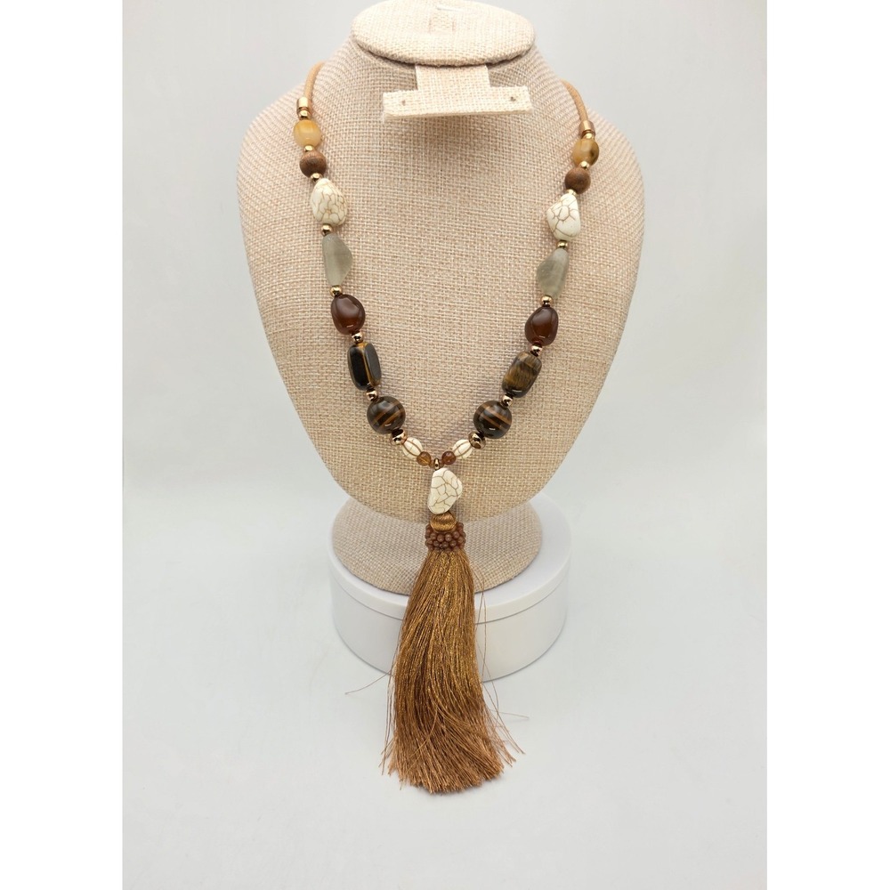Chico's Brown and Cream Beaded Tassel Necklace